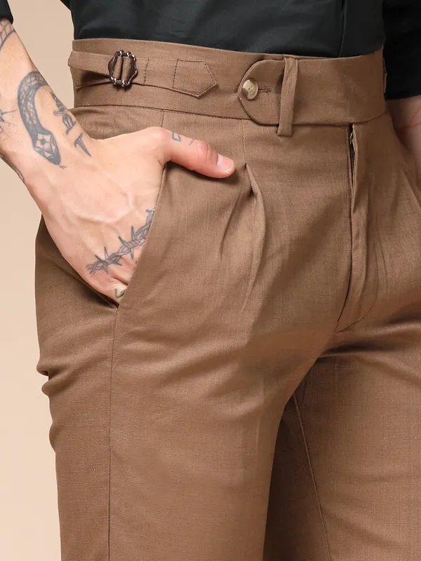 Khaki_Linen_Boot_Cut_Gurkha_Trousers_For_Men