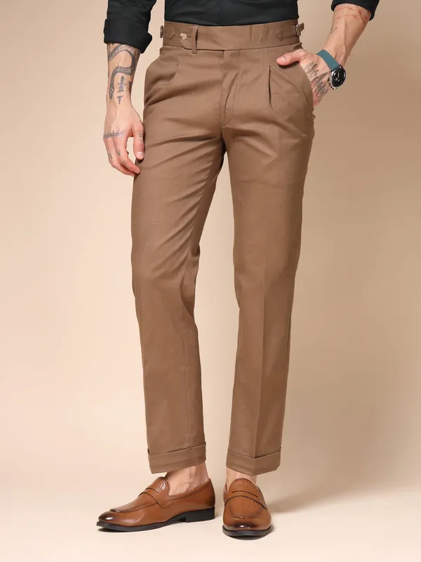 Khaki_Linen_Boot_Cut_Gurkha_Trousers_For_Men