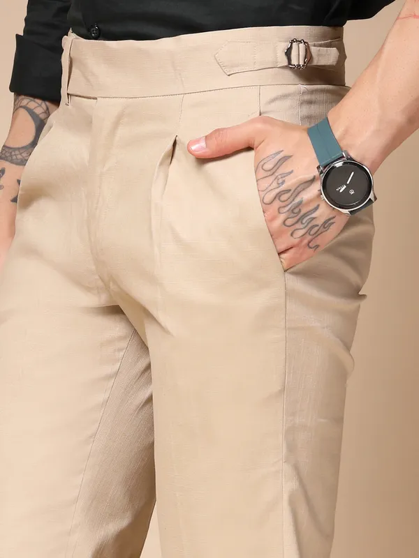 Beige_Linen_Boot_Cut_Gurkha_Trousers_For_Men