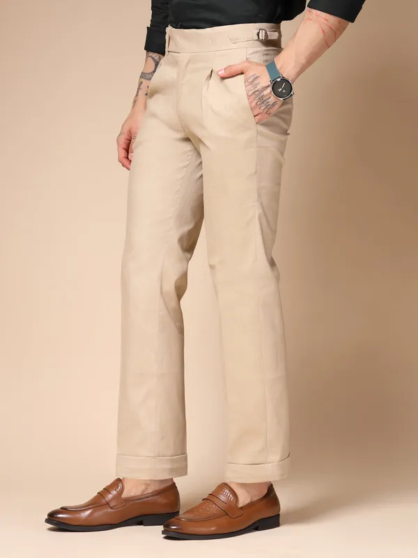 Beige_Linen_Boot_Cut_Gurkha_Trousers_For_Men