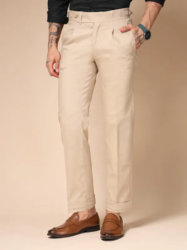Beige_Linen_Boot_Cut_Gurkha_Trousers_For_Men