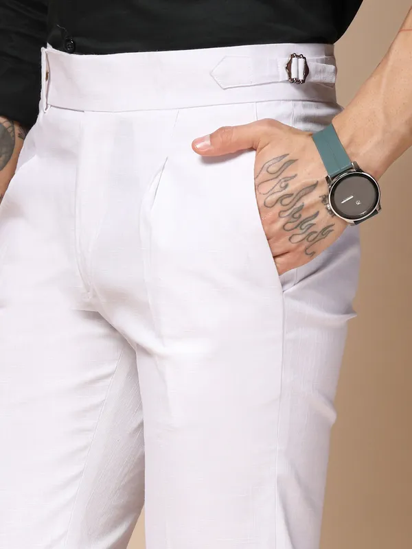 White_Linen_Boot_Cut_Gurkha_Trousers_For_Men