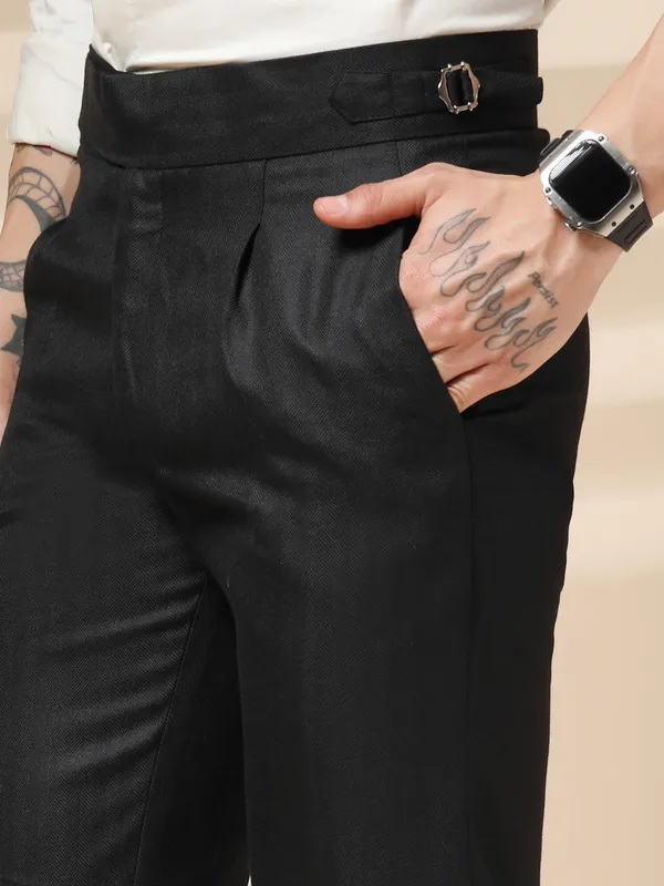 Black_Herringbone_Boot_Cut_Gurkha_Pants_For_Men