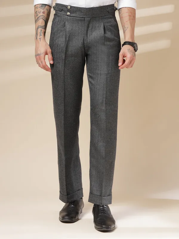 Grey_Herringbone_Boot_Cut_Signature_Buttoned_Gurkha_Pants_For_Men