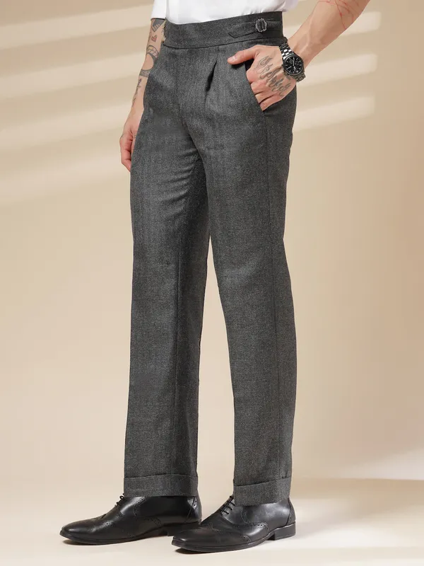 Grey_Herringbone_Boot_Cut_Signature_Buttoned_Gurkha_Pants_For_Men