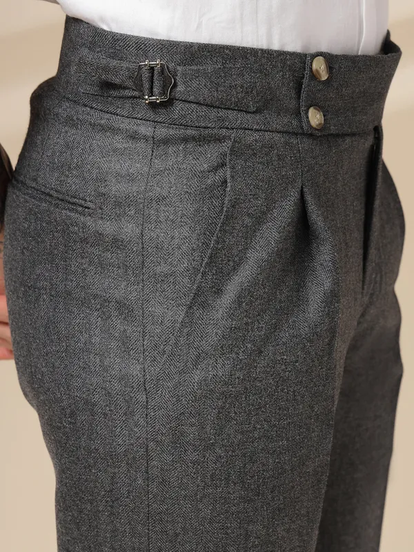 Grey_Herringbone_Boot_Cut_Signature_Buttoned_Gurkha_Pants_For_Men