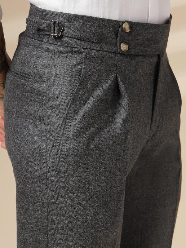 Grey_Herringbone_Boot_Cut_Signature_Buttoned_Gurkha_Pants_For_Men