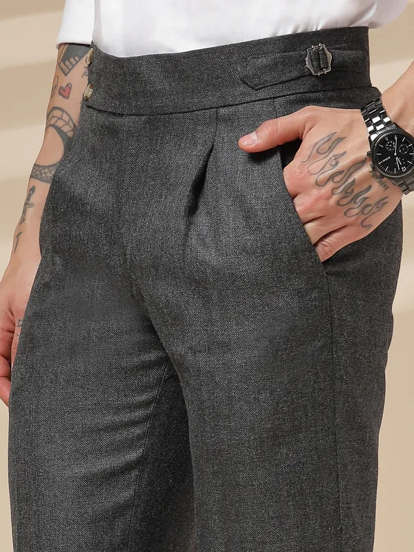 Grey_Herringbone_Boot_Cut_Signature_Buttoned_Gurkha_Pants_For_Men