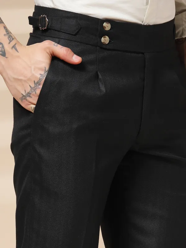 Black_Herringbone_Boot_Cut_Buttoned_Gurkha_Pants_For_Men