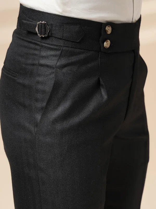 Black_Herringbone_Boot_Cut_Buttoned_Gurkha_Pants_For_Men