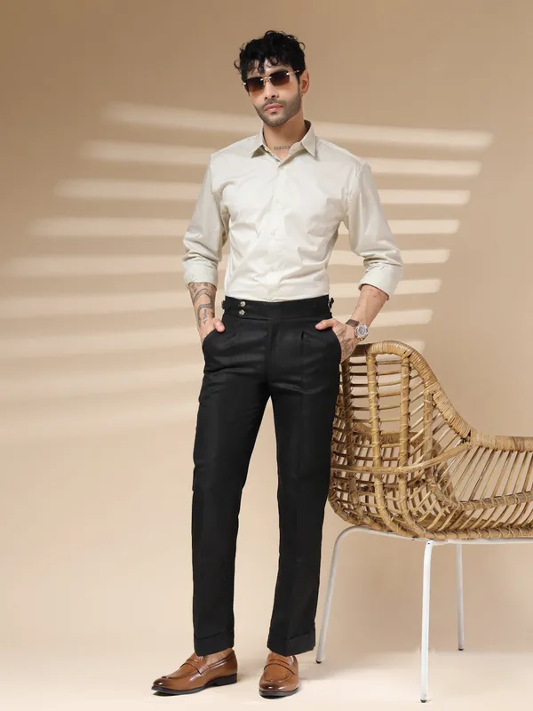 Black_Herringbone_Boot_Cut_Buttoned_Gurkha_Pants_For_Men