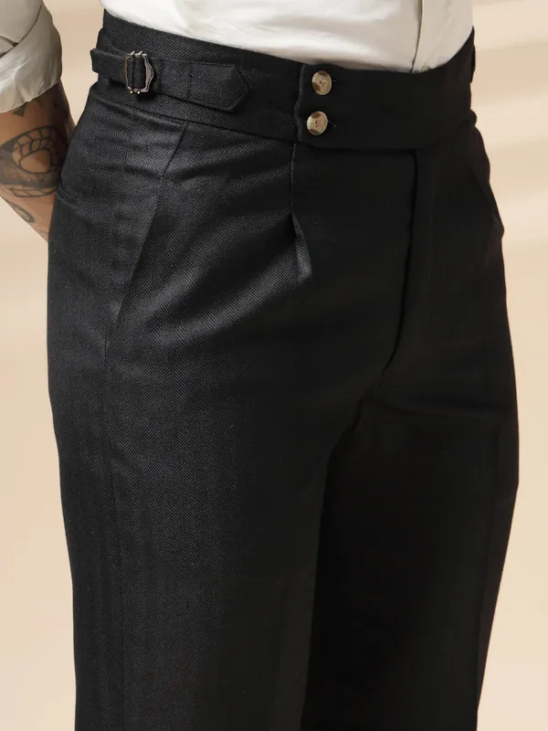 Black_Herringbone_Boot_Cut_Buttoned_Gurkha_Pants_For_Men