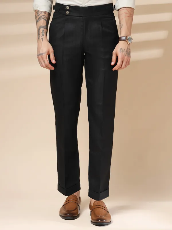 Black_Herringbone_Boot_Cut_Buttoned_Gurkha_Pants_For_Men