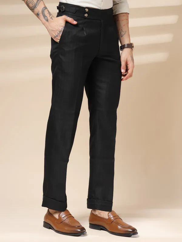 Black_Herringbone_Boot_Cut_Buttoned_Gurkha_Pants_For_Men