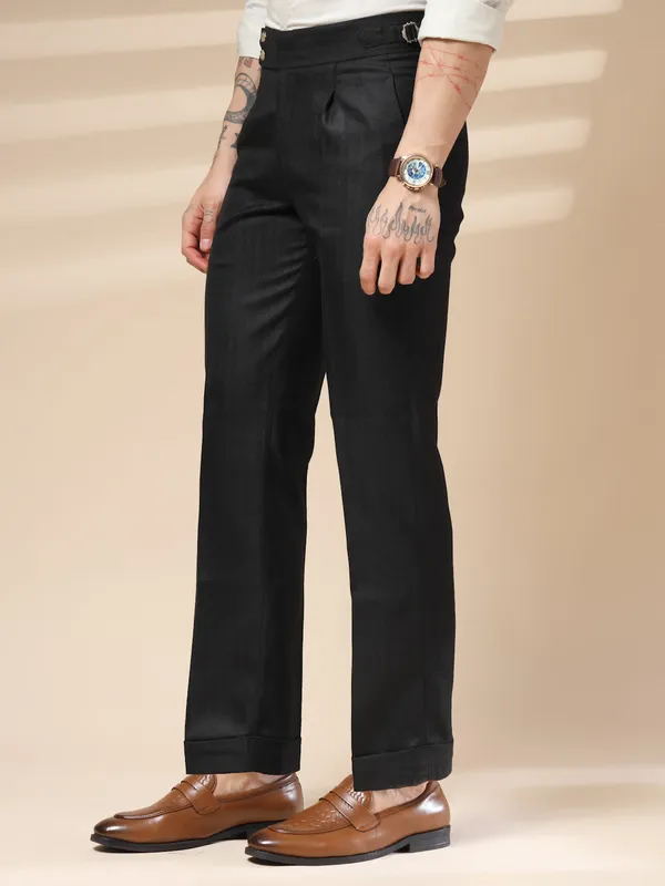 Black_Herringbone_Boot_Cut_Buttoned_Gurkha_Pants_For_Men