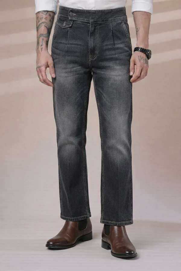 Anthracite_Denim_Boot_Cut_Signature_Flap_Gurkha_Pants_For_Men