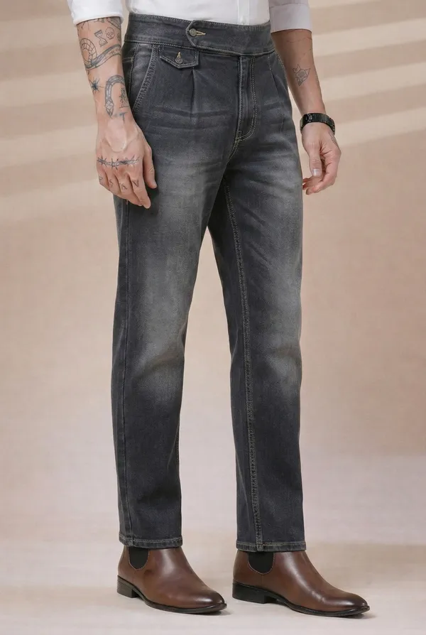Anthracite_Denim_Boot_Cut_Signature_Flap_Gurkha_Pants_For_Men