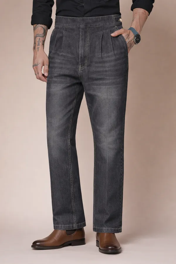 Anthracite_Denim_Boot_Cut_Gurkha_Trousers_For_Men