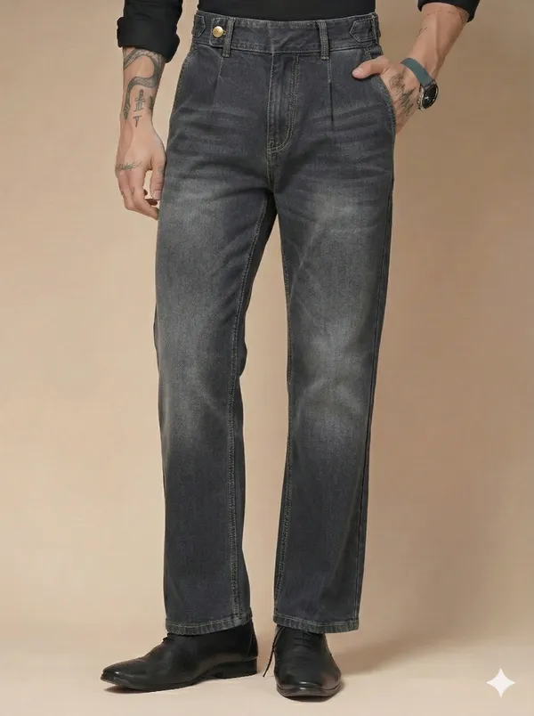 Anthracite_Denim_Boot_Cut_Oxford_Gurkha_Trousers_For_Men