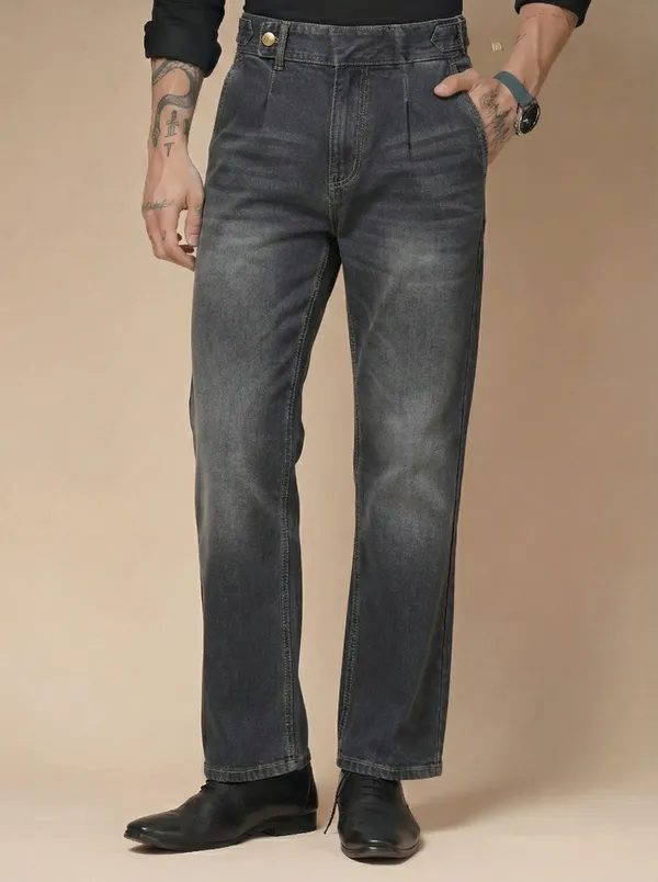 Anthracite_Denim_Boot_Cut_Oxford_Gurkha_Trousers_For_Men