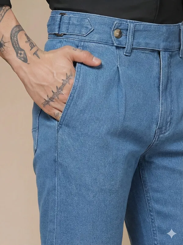 Sky_Blue_Denim_Boot_Cut_Oxford_Gurkha_Trousers_For_Men