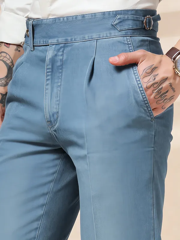 Sky_Blue_Denim_Boot_Cut_Elegant_Gurkha_Trousers_For_Men