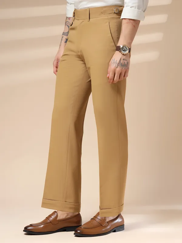 Camel_Polyester_Blend_Single_Buckle_Gurkha_Trousers_For_Men