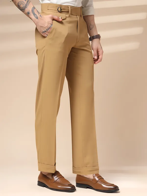 Camel_Polyester_Blend_Single_Buckle_Gurkha_Trousers_For_Men