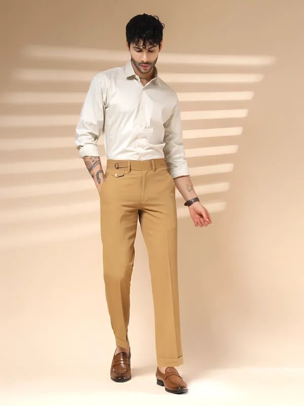 Camel_Polyester_Blend_Single_Buckle_Gurkha_Trousers_For_Men