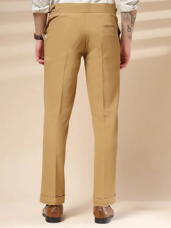 Camel_Polyester_Blend_Single_Buckle_Gurkha_Trousers_For_Men