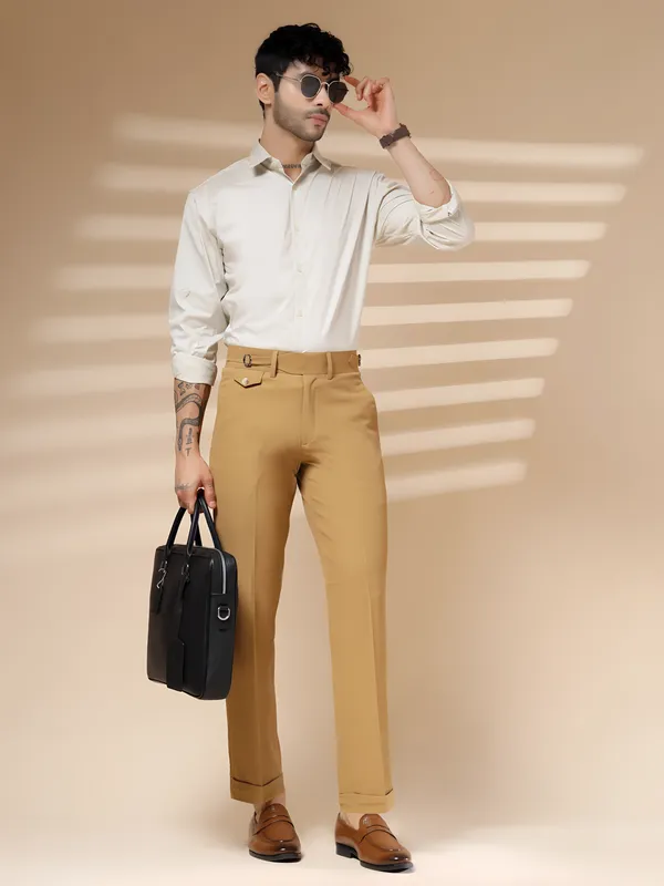 Camel_Polyester_Blend_Single_Buckle_Gurkha_Trousers_For_Men