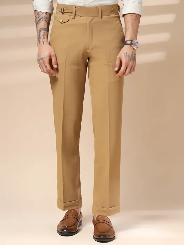 Camel_Polyester_Blend_Single_Buckle_Gurkha_Trousers_For_Men