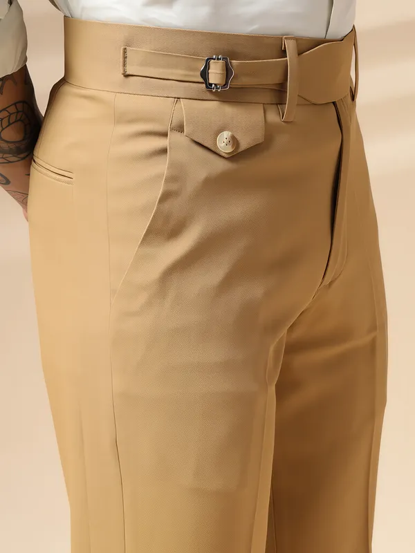 Camel_Polyester_Blend_Single_Buckle_Gurkha_Trousers_For_Men