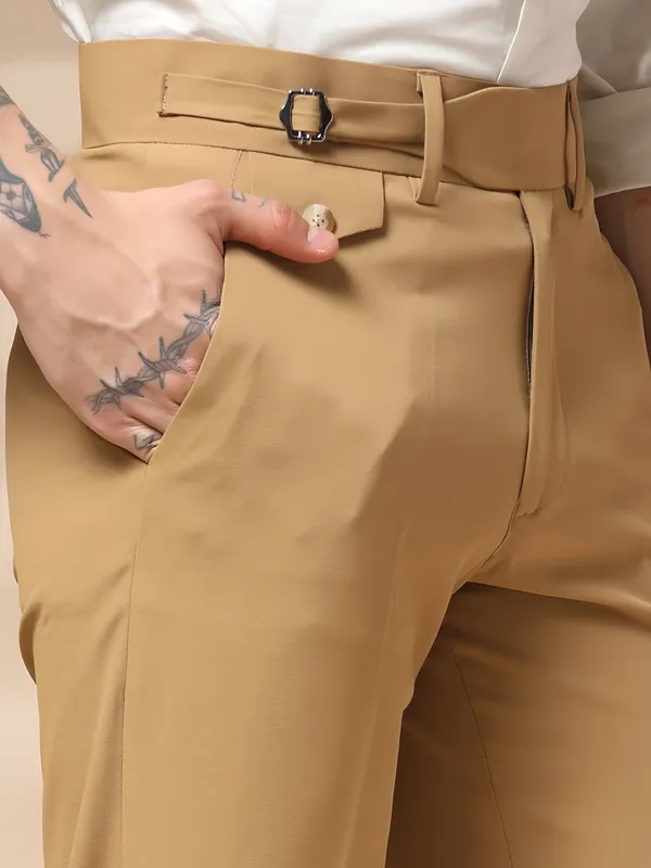 Camel_Polyester_Blend_Single_Buckle_Gurkha_Trousers_For_Men