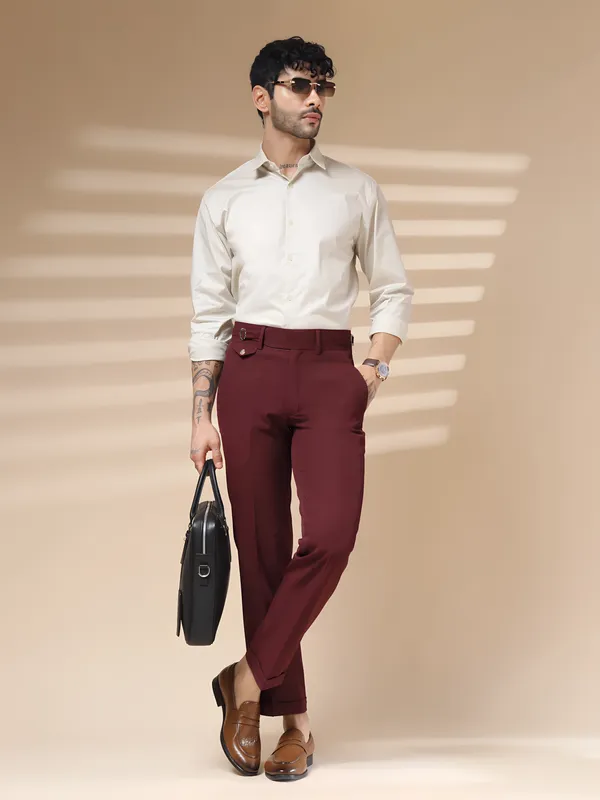 Wine_Polyester_Single_Buckle_Gurkha_Pants_For_Men