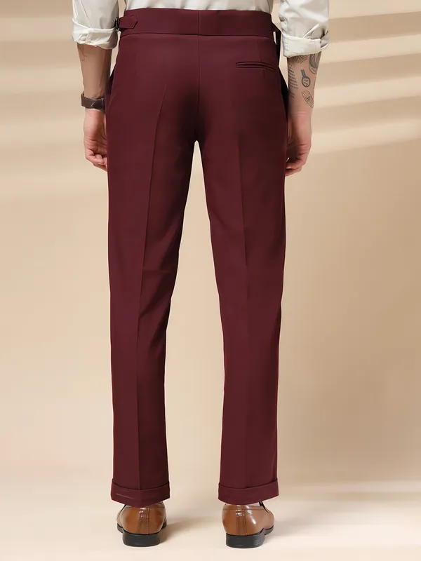 Wine_Polyester_Single_Buckle_Gurkha_Pants_For_Men