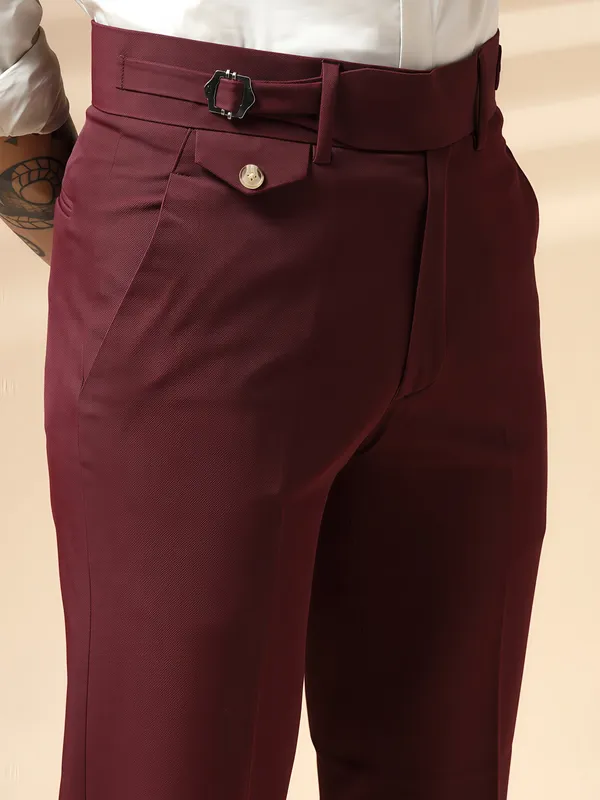 Wine_Polyester_Single_Buckle_Gurkha_Pants_For_Men