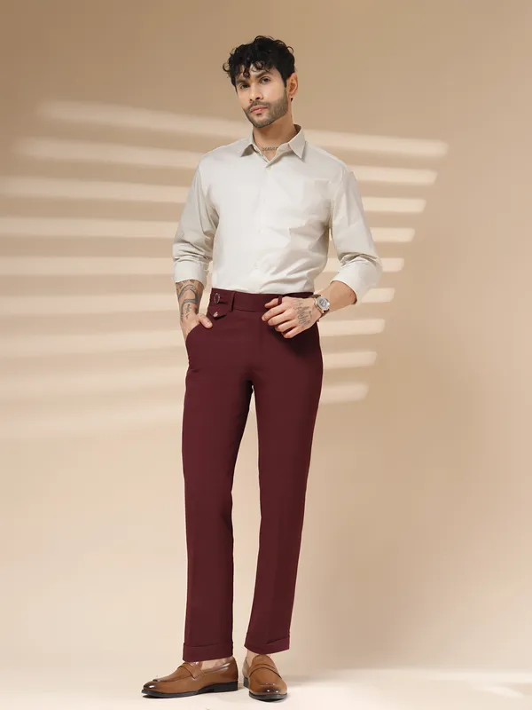 Wine_Polyester_Single_Buckle_Gurkha_Pants_For_Men