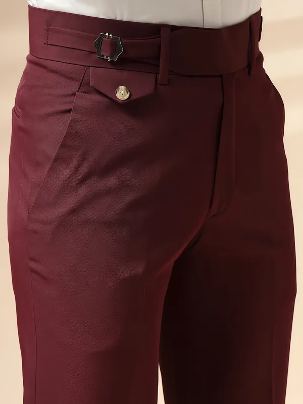 Wine_Polyester_Single_Buckle_Gurkha_Pants_For_Men