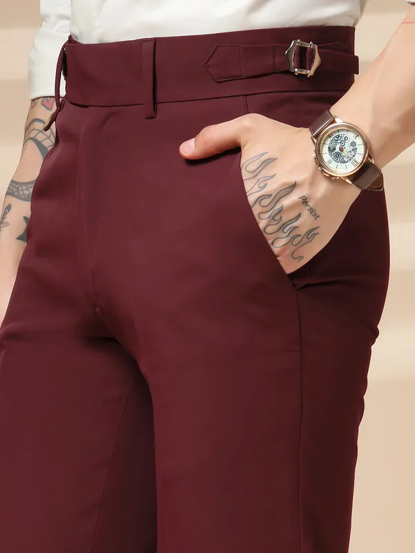 Wine_Polyester_Single_Buckle_Gurkha_Pants_For_Men