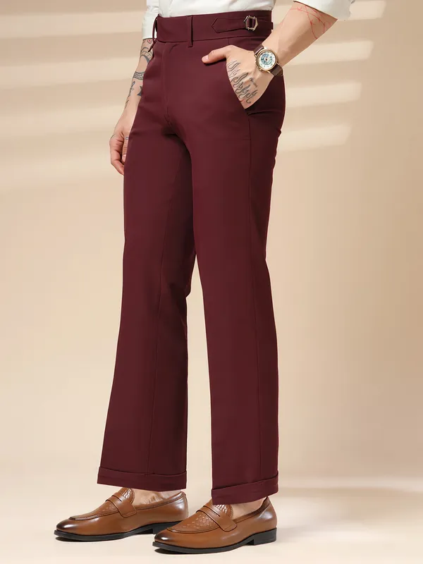 Wine_Polyester_Single_Buckle_Gurkha_Pants_For_Men