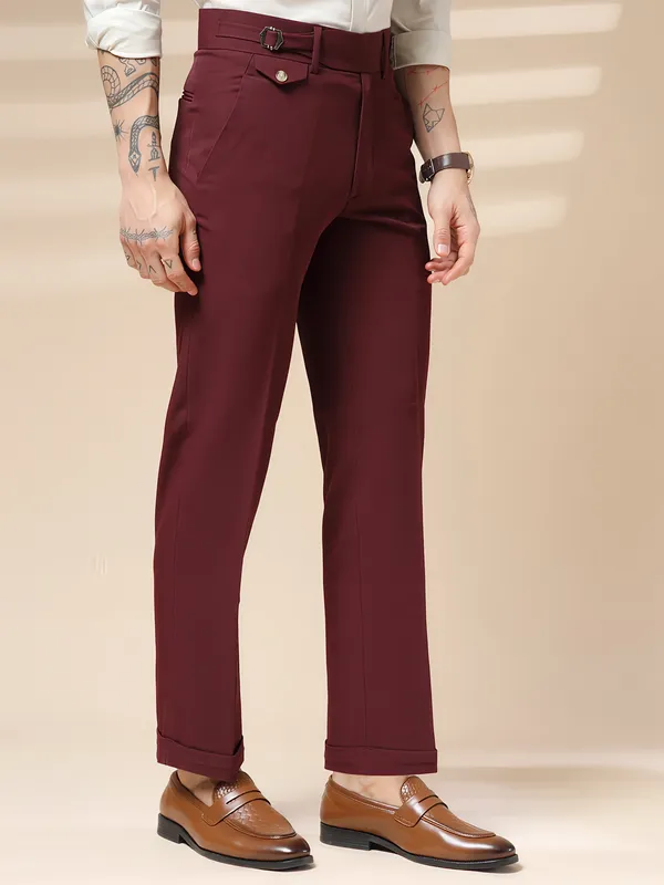 Wine_Polyester_Single_Buckle_Gurkha_Pants_For_Men