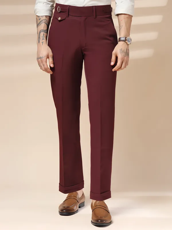 Wine_Polyester_Single_Buckle_Gurkha_Pants_For_Men