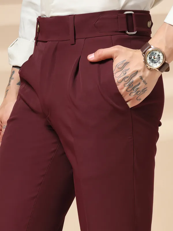 Wine_Polyester_Stretch_Oxford_Gurkha_Trousers_For_Men