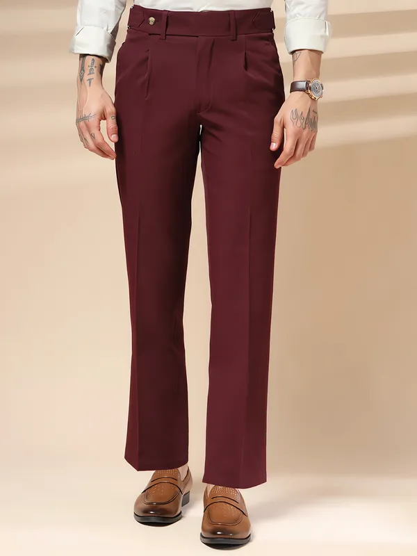 Wine_Polyester_Stretch_Oxford_Gurkha_Trousers_For_Men