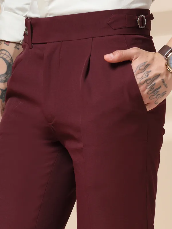 Wine_Polyester_Elegant_Gurkha_Trousers_For_Men