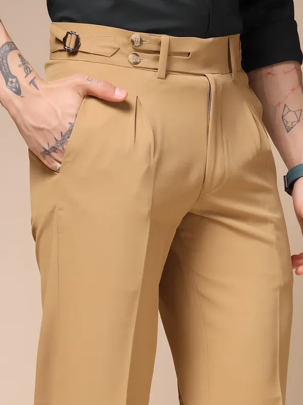 Camel_Polyester_Double_Buttoned_Gurkha_Pants_For_Men