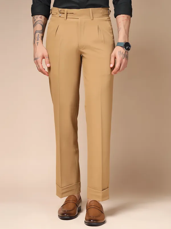 Camel_Polyester_Double_Buttoned_Gurkha_Pants_For_Men