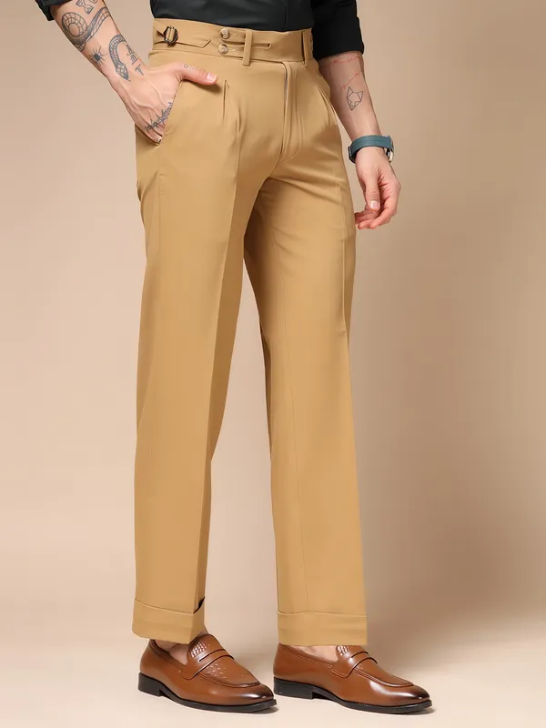 Camel_Polyester_Double_Buttoned_Gurkha_Pants_For_Men
