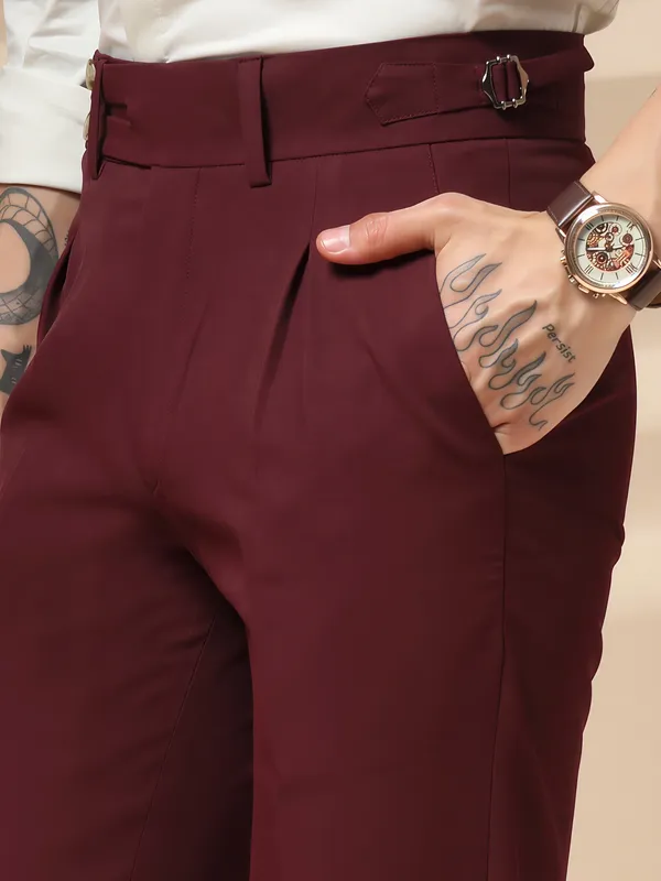 Wine_Polyester_Double_Button_Gurkha_Pants_For_Men
